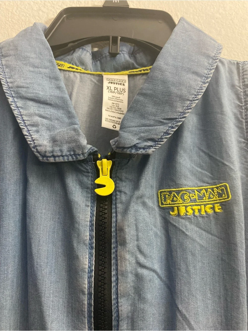 Justice Girls' Denim-Look Sleeveless Romper - Light Blue PAC-MAN